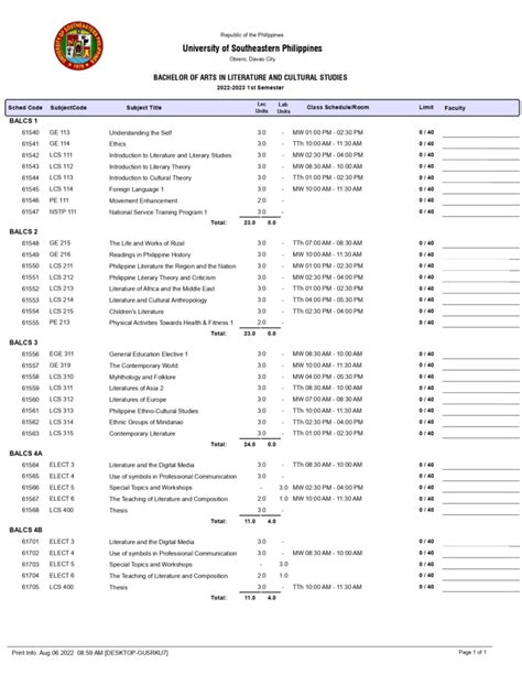 COURSE OFFERINGS FOR FIRST SEMESTER, AY .
